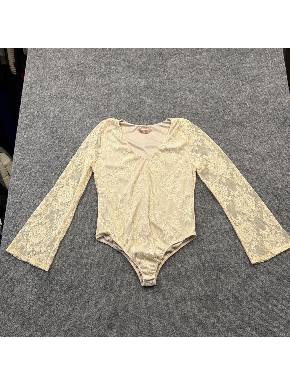 Sjs Size Large Women’s Bodysuit Cottage Core Boho Sleeves Sheer Lace Ivory